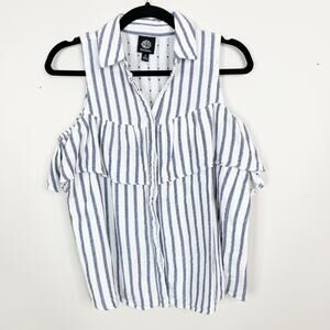 Bobeau Small S Blue White Striped Cold Shoulder Button Front Blouse Top Collared